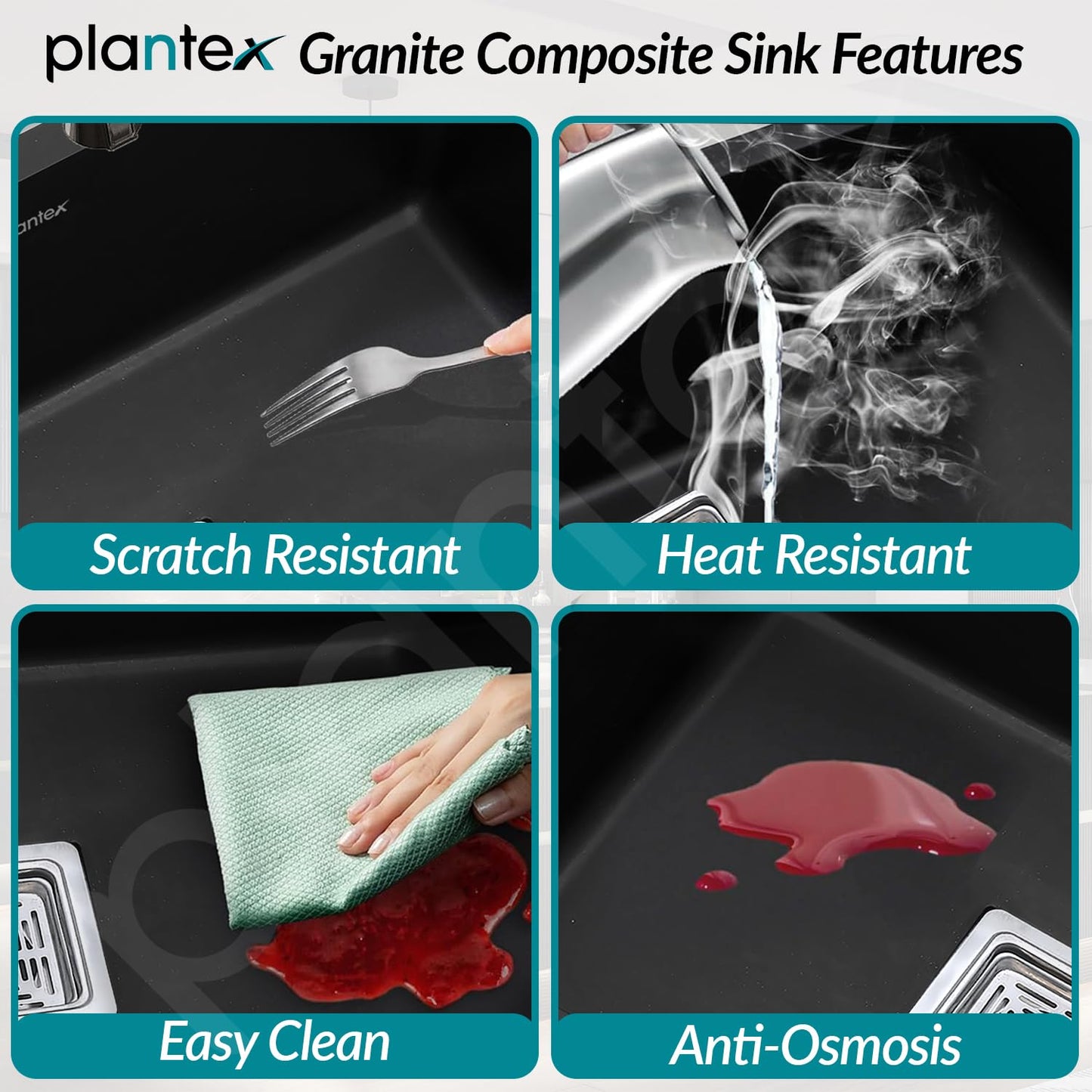 Plantex Quartz Sink for Kitchen/UV Protected Black Kitchen Sink/Granite Single Bowl Sinks/Undermount/Topmount (Black-24x18 Inches)