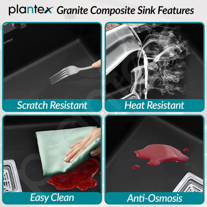 Plantex Quartz Sink for Kitchen/UV Protected Black Kitchen Sink/Granite Single Bowl Sinks/Undermount/Topmount (Black-24x18 Inches)