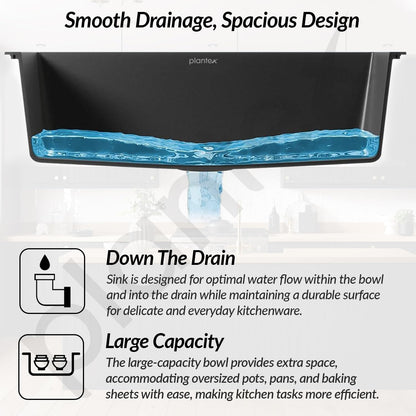 Plantex Quartz Sink for Kitchen/UV Protected Black Kitchen Sink/Granite Single Bowl Sinks/Undermount/Topmount (Black-24x18 Inches)