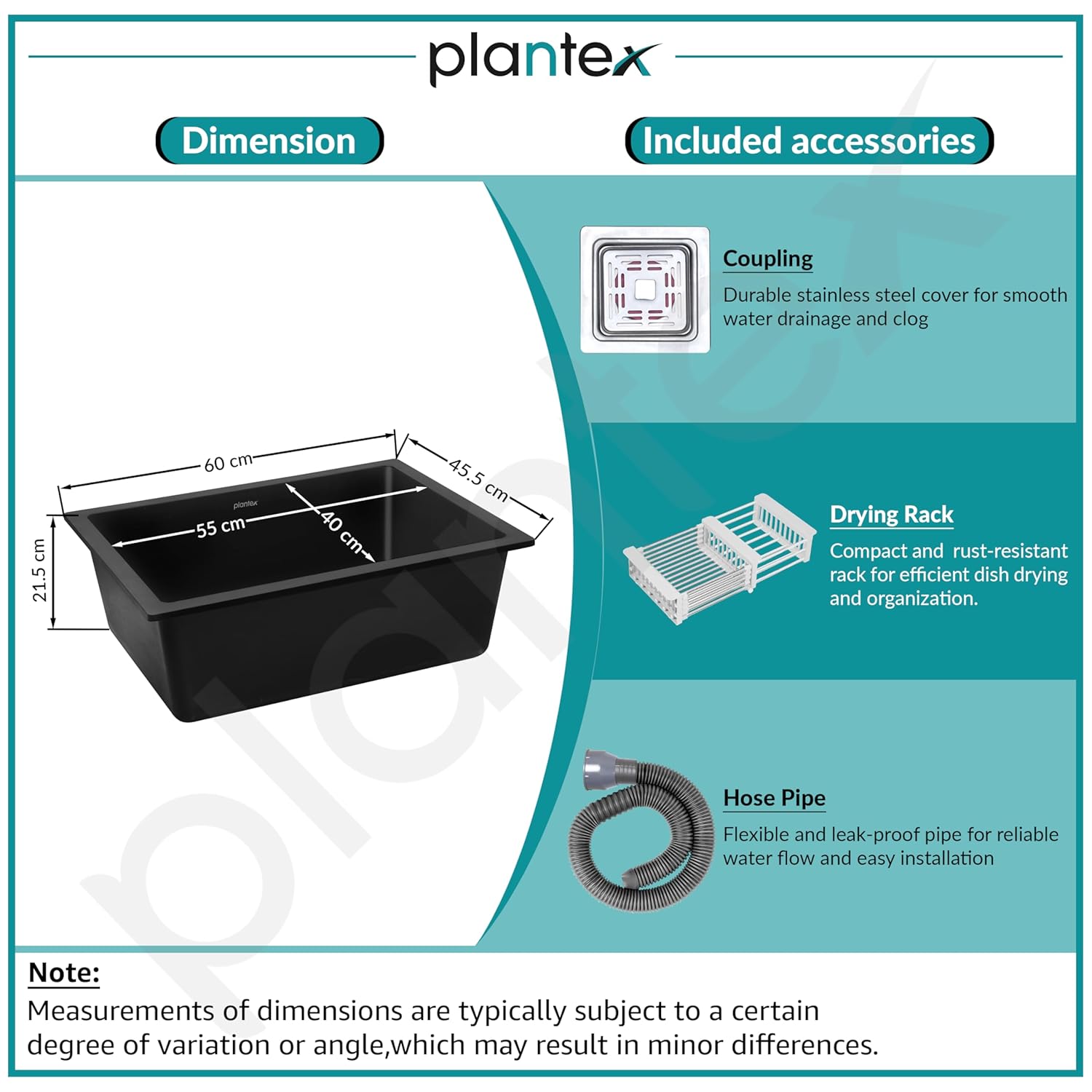 Plantex Quartz Sink for Kitchen/UV Protected Black Kitchen Sink/Granite Single Bowl Sinks/Undermount/Topmount (Black-24x18 Inches)