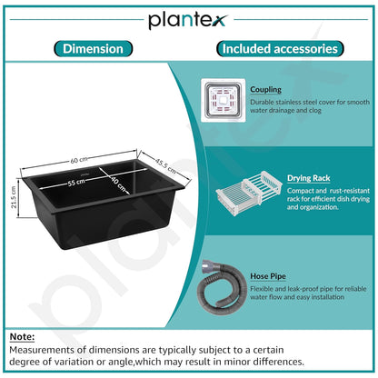 Plantex Quartz Sink for Kitchen/UV Protected Black Kitchen Sink/Granite Single Bowl Sinks/Undermount/Topmount (Black-24x18 Inches)