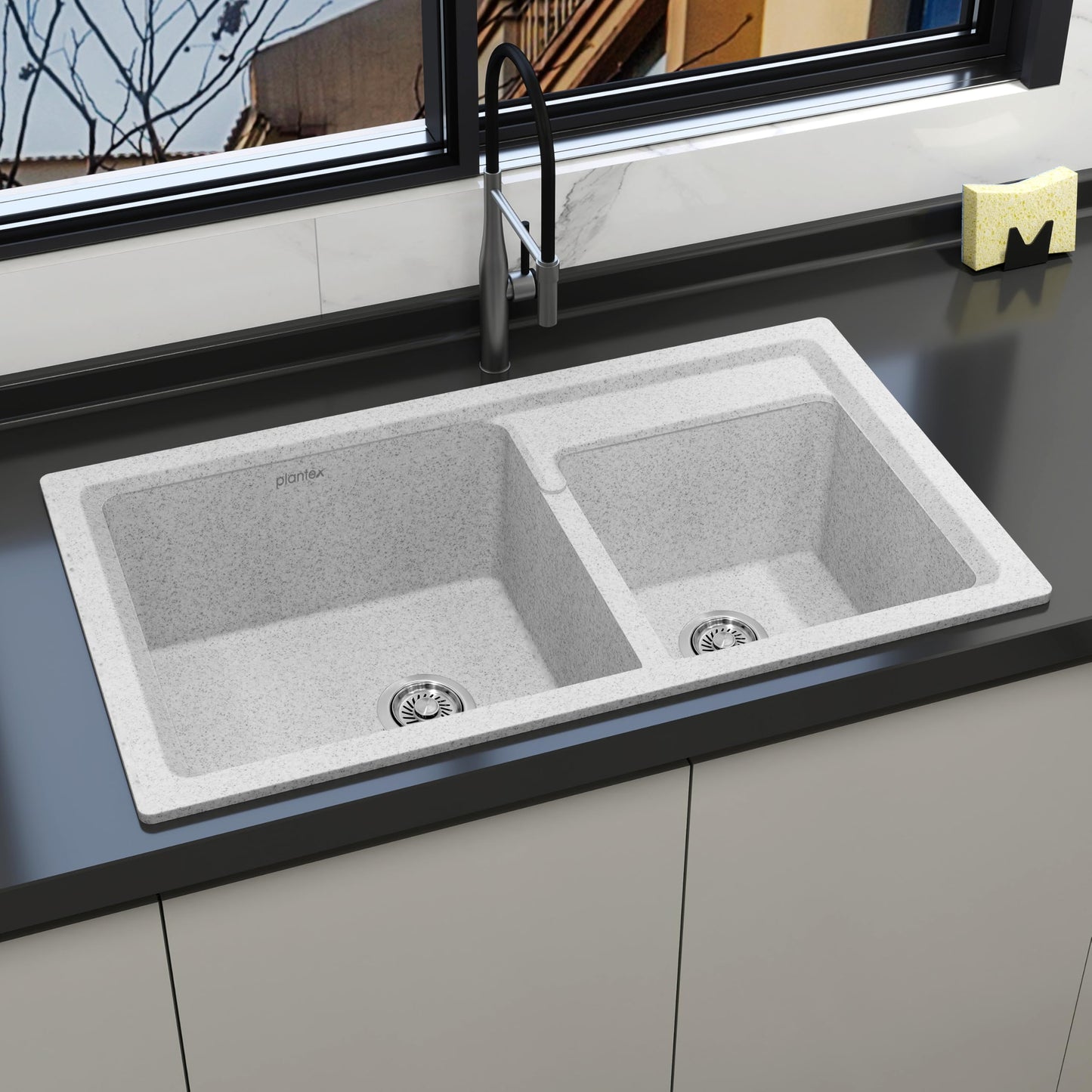 Plantex Quartz Sink for Kitchen/UV Protected Black Kitchen Sink/Granite Single Bowl Sinks/Undermount/Topmount (Black-24x18 Inches)