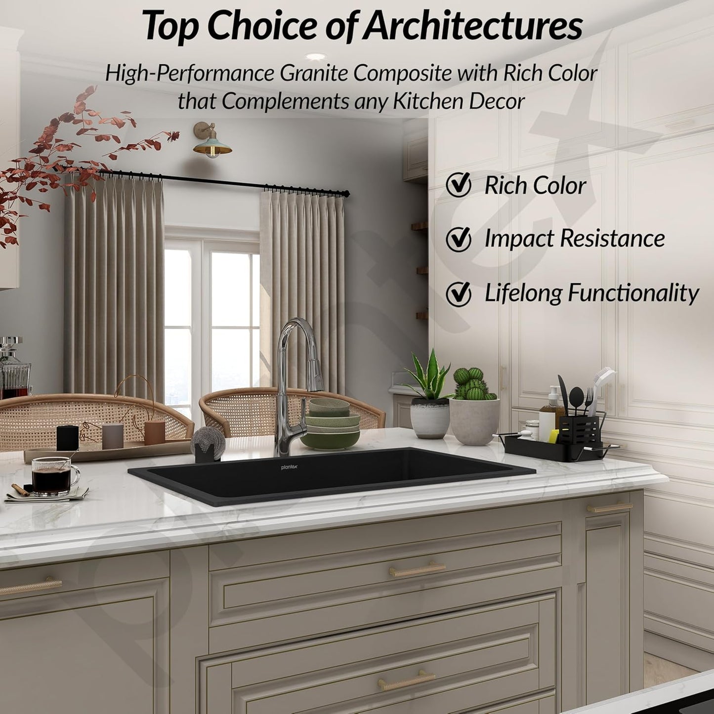 Plantex Quartz Sink for Kitchen/UV Protected Black Kitchen Sink/Granite Single Bowl Sinks/Undermount/Topmount (Black-24x18 Inches)