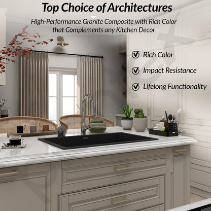 Plantex Quartz Sink for Kitchen/UV Protected Black Kitchen Sink/Granite Single Bowl Sinks/Undermount/Topmount (Black-24x18 Inches)