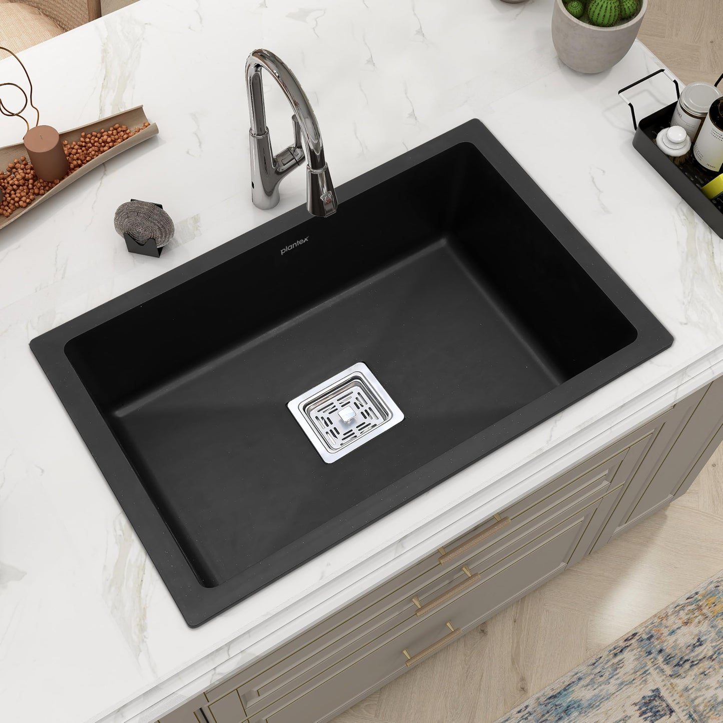 Plantex Quartz Sink for Kitchen/UV Protected Black Kitchen Sink/Granite Single Bowl Sinks/Undermount/Topmount (Black-24x18 Inches)
