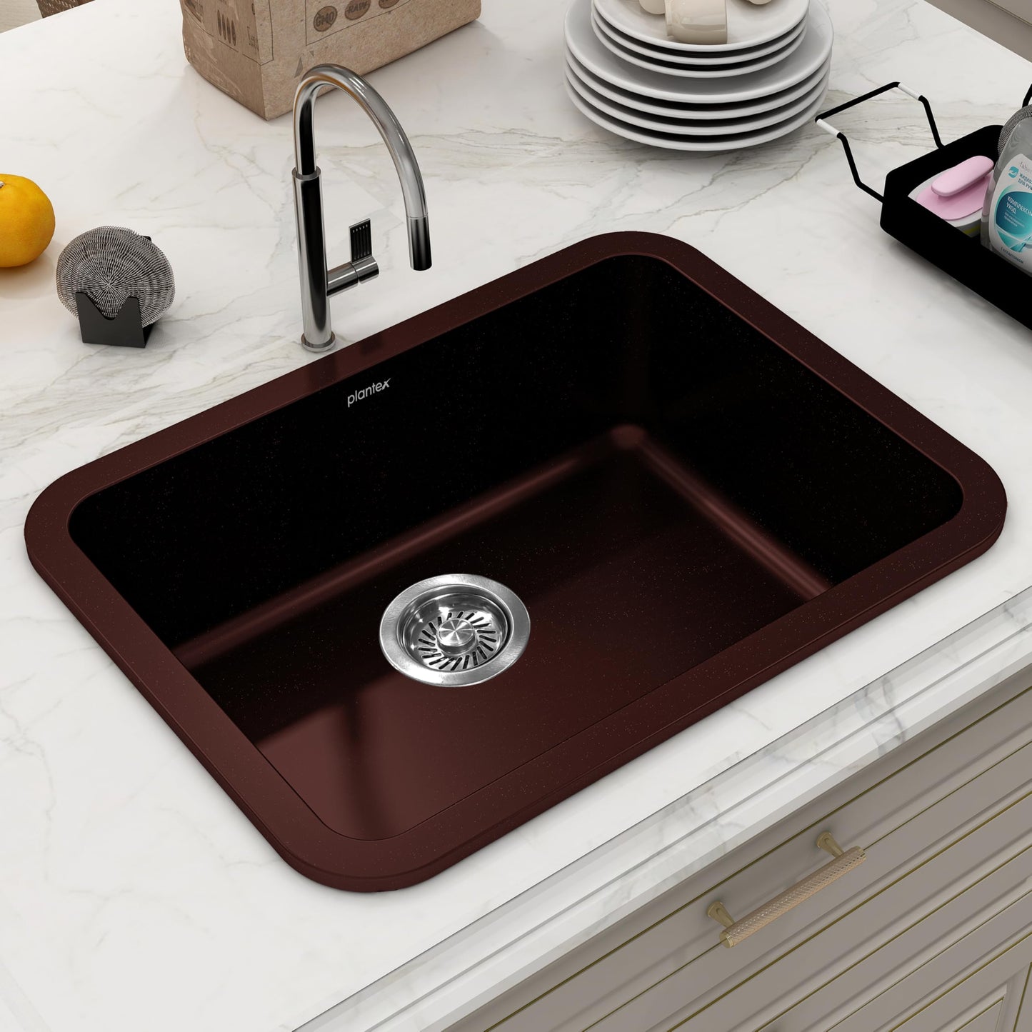 Plantex Quartz Sink for Kitchen/UV Protected Black Kitchen Sink/Granite Single Bowl Sinks/Undermount/Topmount (Black-24x18 Inches)