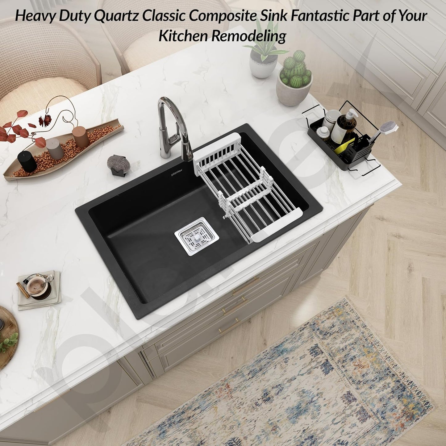 Plantex Quartz Sink for Kitchen/UV Protected Black Kitchen Sink/Granite Single Bowl Sinks/Undermount/Topmount (Black-24x18 Inches)