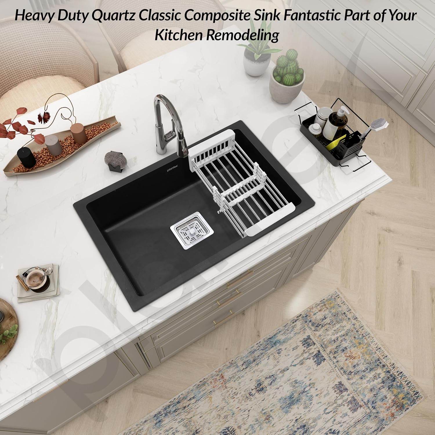 Plantex Quartz Sink for Kitchen/UV Protected Black Kitchen Sink/Granite Single Bowl Sinks/Undermount/Topmount (Black-24x18 Inches)