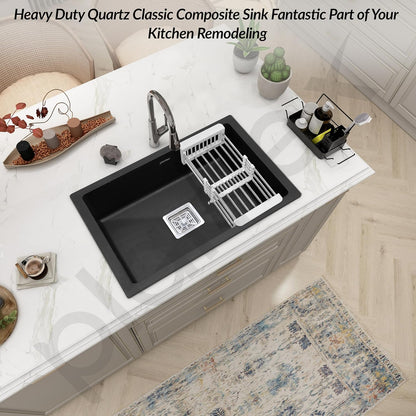 Plantex Quartz Sink for Kitchen/UV Protected Black Kitchen Sink/Granite Single Bowl Sinks/Undermount/Topmount (Black-24x18 Inches)